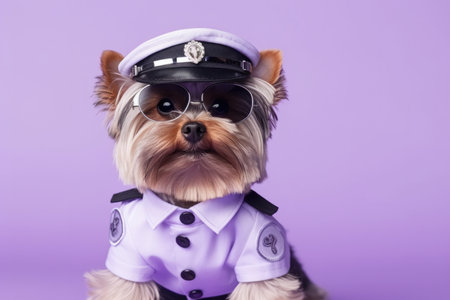 Yorkshire Terrier Dog Dressed As A Policeman On Lavender Color Background. Ð¡oncept Yorkshire Terriers, Police Uniforms, Lavender, Canine Style.の素材