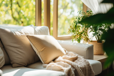 Home Comfort Relaxing On The Couch By A Sunny Window. Concept Brightening Up Your Living Room, Harnessing Natural Light For Relaxation, Cozying Up With Soft Textiles.の素材