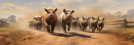A Herd Of Pigs Running Down A Dirt Road.の素材