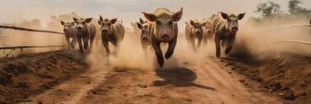 A Herd Of Pigs Running Down A Dirt Road.の素材
