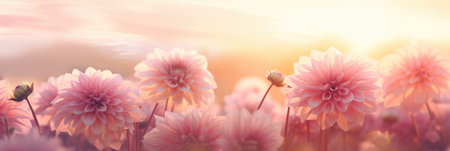 Dahlias Field Blurred Sunrise Banner Background.の素材