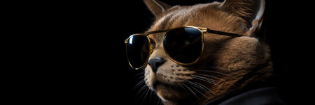 Portrait Chausie Cat With Sunglasses Black Background Portrait, Chausie Cat, Sunglasses, Black Background, Personality, Health, Grooming, Care.の素材