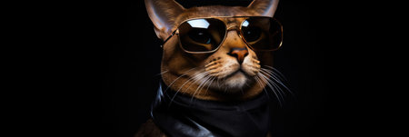 Portrait Chausie Cat With Sunglasses Black Background Portrait, Chausie Cat, Sunglasses, Black Background, Personality, Health, Grooming, Care.の素材