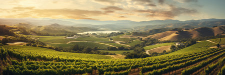 Rustic Vineyard Stretching Across Rolling Hills, Perfect For Wine Themes Wine Themed Rustic Vineyard, Winemaking In A Rustic Vineyard.の素材