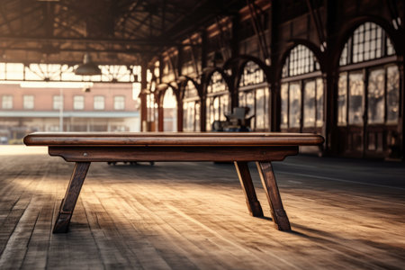 A Wooden Table Against Backdrop Of Vintage Train Station Blank Surface.の素材