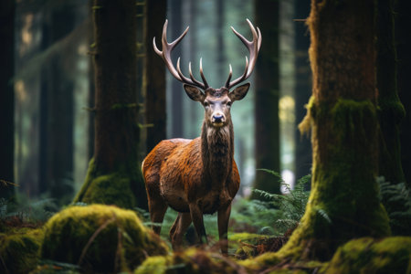 A Deer Standing In The Middle Of A Forest Deer Habitat, Majestic Beauty, Fawn Protection, Forest Ecosystem, Fungi Foraging, Predator Avoidance, Deer Migration, Cervidae Family.の素材