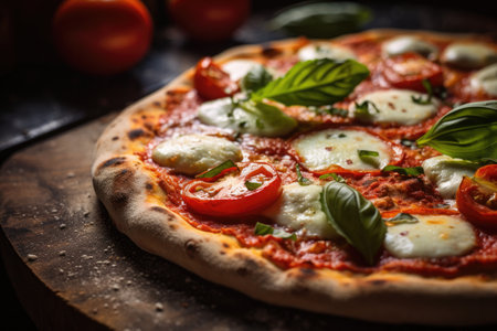 Macro Photo Margherita Pizza On Stone Rustic Pub.の素材