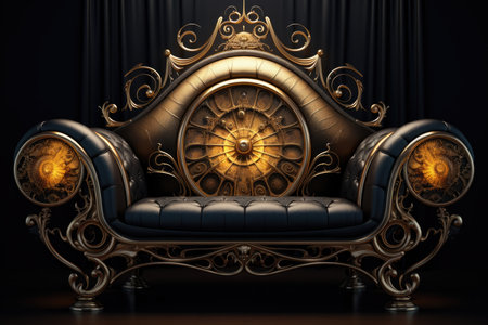 Gold Steampunk Sofa On Black Smoky Background.の素材