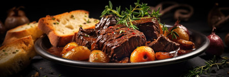 Macro Photo Beef Bourguignon On Stone Rustic Pub.の素材