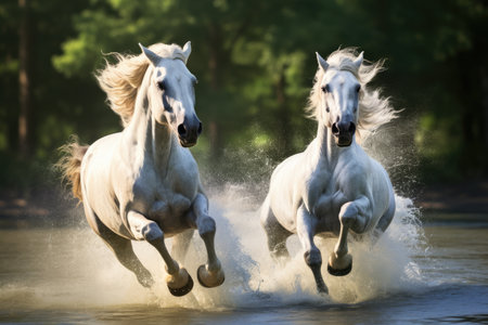 Two White Horses Are Running Through The Water Two White Horses, Running Through Water, Animal Power, Wild Beauty, Equine Strength, Wet Freedom, Majestic Movements, Invigorating Moment.の素材