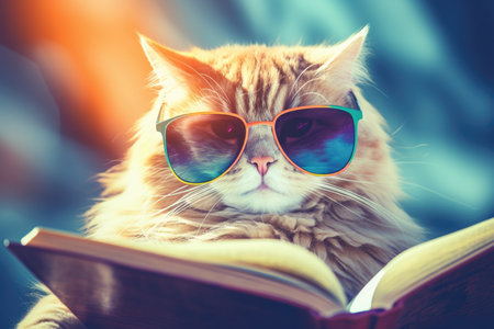 A Cat With Sunglasses Participating In A Book Club.の素材