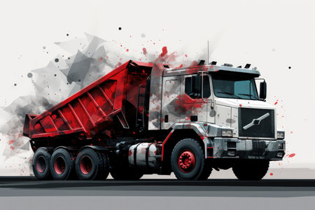 A Red And White Dump Truck On A Gray Background.の素材