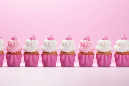 Cupcakes Standing On Gradient White Pink Background Wide.の素材