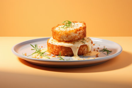 Croquemonsieur On A White Ornate Round Smooth Plate French Dish.の素材