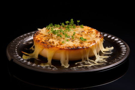 French Onion Soup On A Black Ornate Round Smooth Plate French Dish.の素材