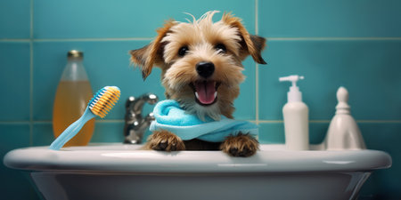 An Adorable Image Of A Cute Dog With A Toothbrush In A Bathroom Setting Emphasizing The Importance Of Pet Hygiene. Ð¡oncept Pet Hygiene, Cute Animals, Adorable Images, Toothbrushing Routines.の素材