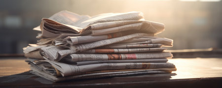 A Pile Of Aging Newspapers With Selective Focus Accentuating The Newsprints Texture And Nostalgia. Concept Paper Textures, Nostalgia, Old Newspapers, Selective Focus.の素材
