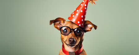An Endearing Dog Dons A Party Hat And Glasses Ready To Celebrate With Boundless Charm. Ð¡oncept Adorable Pups In Party Gear, The Joys Of Celebrating With Dogs, Wearable Party Wonders For Dogs.の素材