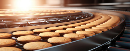 Conveyor Belt Work In The Food Industry Possibly For Cookie Production. Concept Conveyor Belt Efficiency, Automation In The Food Industry, Cookie Manufacturing, Safety In The Workplace.の素材