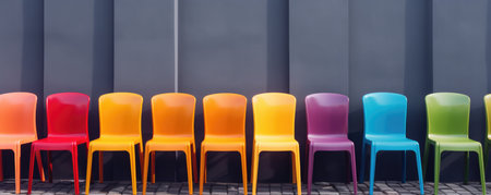 Rows Of Colorful Chairs Set The Stage For Gatherings And Events. Ð¡oncept Chair Decor, Event Planning, Creative Meetings, Group Celebrations.の素材