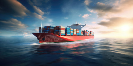 A Massive Container Ship Traversing The Vast Ocean As A Symbol Of Freight Transportation And Shipping. Concept Shipping Industry, Containerization, Freight Transportation, Global Trade.の素材