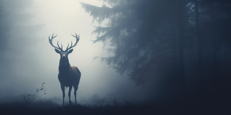 The Silhouette Of A Majestic Red Deer Stag Amidst The Mist.の素材