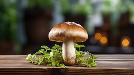 A Solitary Champignon Mushroom Resting On A Wooden Table.の素材