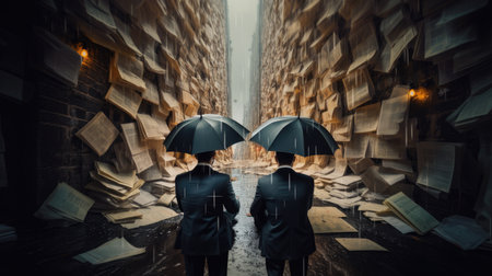 Two Men Holding Umbrellas In A Street Full Of Paper. Concept Street Art, Creative Photography, Urban Environment, Rainy Day, Collaboration.の素材