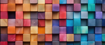 Colorful Wooden Blocks Aligned Wide Format Handedited. Ð¡oncept Children's Education, Fine Motor Skills, Spatial Awareness, Creativity.の素材