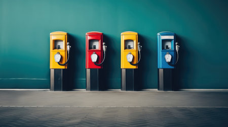 Colorful Fuel Dispenser Background At Gas Pumps Station. Concept Vibrant Gas Station, Colorful Fuel Pumps, Eye-Catching Dispenser, Photo Opportunity, Fueling Up In Style.の素材