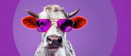 Cow Wearing Purple Sunglasses On Purple Background. Ð¡oncept Animal Fashion, Cow Accessories, Funky Cow Style, Quirky Cow Photography.の素材