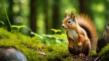 Red Squirrel Stands Tall In The Forest.の素材