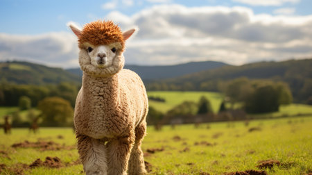 Majestic Alpaca. Concept Majestic Alpaca, Fluffy Fleece, Mountain Landscape, Quirky Expressions, Cuteness Overload.の素材
