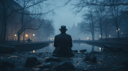 Man Waiting Mysteriously In The Fog. Ð¡oncept Mysterious Man In The Fog, Suspenseful Atmosphere, Intriguing Photograph, Enigma In The Mist.の素材