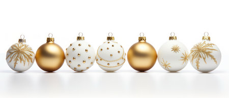 Festive White And Gold Christmas Ornaments On A White Background. Ð¡oncept Christmas Ornaments, Festive Decor, White And Gold Theme, Holiday Season.の素材