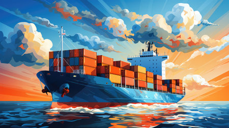 Industrial Cargo Ship Carrying Containers. Ð¡oncept Sunset Beach Wedding, Nature-Inspired Engagement Shoot, Urban Street Photography, Adventure Travel Landscapes, Fashion Editorial In A Cityscape.の素材