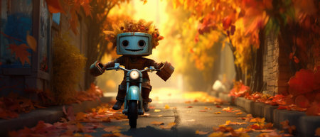 Joyful Robot Riding A Bicycle Through An Autumn Alley. Concept Robotics, Artificial Intelligence, Bicycles, Autumn.の素材