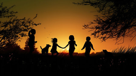 Silhouette Of Children Playing On A Meadow. Concept Outdoor Activities, Childhood Memories, Nature Adventures.の素材