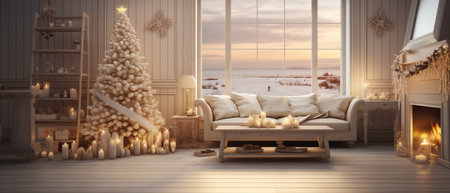 White Table With Warm Living Room Decor And Christmas Tree. Ð¡oncept Home Decor, Christmas Decorations, Cozy Living Room, Holiday Ambiance.の素材