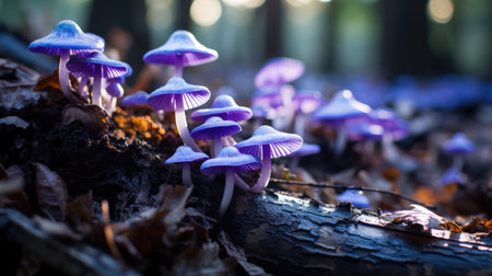 Vibrant Violet Mushrooms Emit An Ethereal Glow On Tree Bark. Concept Nature's Delicate Balance: Examining Coral Reefs And Their Ecosystems.の素材