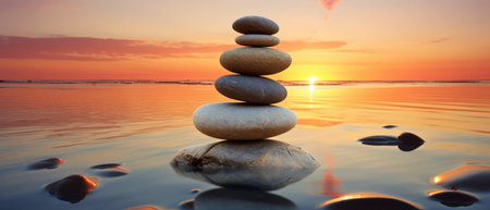 Zen Stones Balance On Beach During Peaceful Sunset. Concept 1. Zen Meditation 2. Beach Relaxation 3. Sunset Tranquility 4. Balancing Stones.の素材