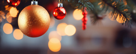 Christmas Tree Decorated With Ornaments Space For Text. Concept Winter Wonderland, Festive Tree Trimming, Ornament Extravaganza, Holiday Magic.の素材