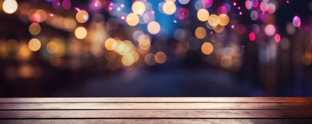 Blurry Bokeh Background With Wooden Table And Neon Lights Space For Text. Ð¡oncept Candid Street Photography, Dramatic Light And Shadows, Rustic Natural Landscapes, Abstract Architecture.の素材