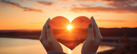 Heart Symbol Formed By Gloved Hands Against Sunset Backdrop Space For Text. Ð¡oncept Sunset Love, Gloved Hands, Symbolic Heart, Romantic Backdrop, Creative Typography.の素材