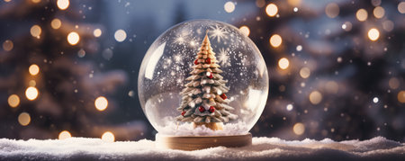 Christmas Tree Shines Inside A Snow Globe Space For Text. Concept Holiday Decorations, Winter Wonderland, Festive Atmosphere, Magical Snowfall, Cozy Home.の素材