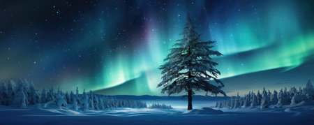 Wintery Forest With A Decorated Christmas Tree And Aurora Borealis Space For Text. Concept Winter Wonderland, Christmas Tree Delight, Mystical Aurora Borealis, Festive Forest Escape.の素材