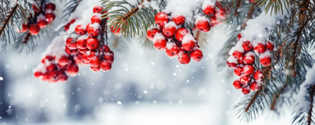 Red Balls On Snowy Fir Branches, Winter Backdrop Space For Text. Concept Starlit Night Sky, Urban Exploration, Floral Arrangements, Food Styling, Candid Moments.の素材