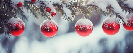 Winter Holiday Concept With Red Balls On Fir Branches Space For Text. Concept Winter Wonderland, Festive Decor, Holiday Greetings, Traditional Red Accents.の素材