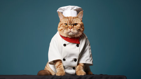American Shorthair Cat Dressed As A Chef. Ð¡oncept Pets In Costumes, Cute Cat Costumes, Funny Animal Outfits, Cat Dressed As Chef, Adorable Cat Fashion.の素材