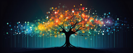 Digital Growth Symbolized By Tree Emerging From Network, Illustration. Concept Digital Transformation, Network Expansion, Symbolic Growth, Tree of Connectivity, Illustrative Progress.の素材